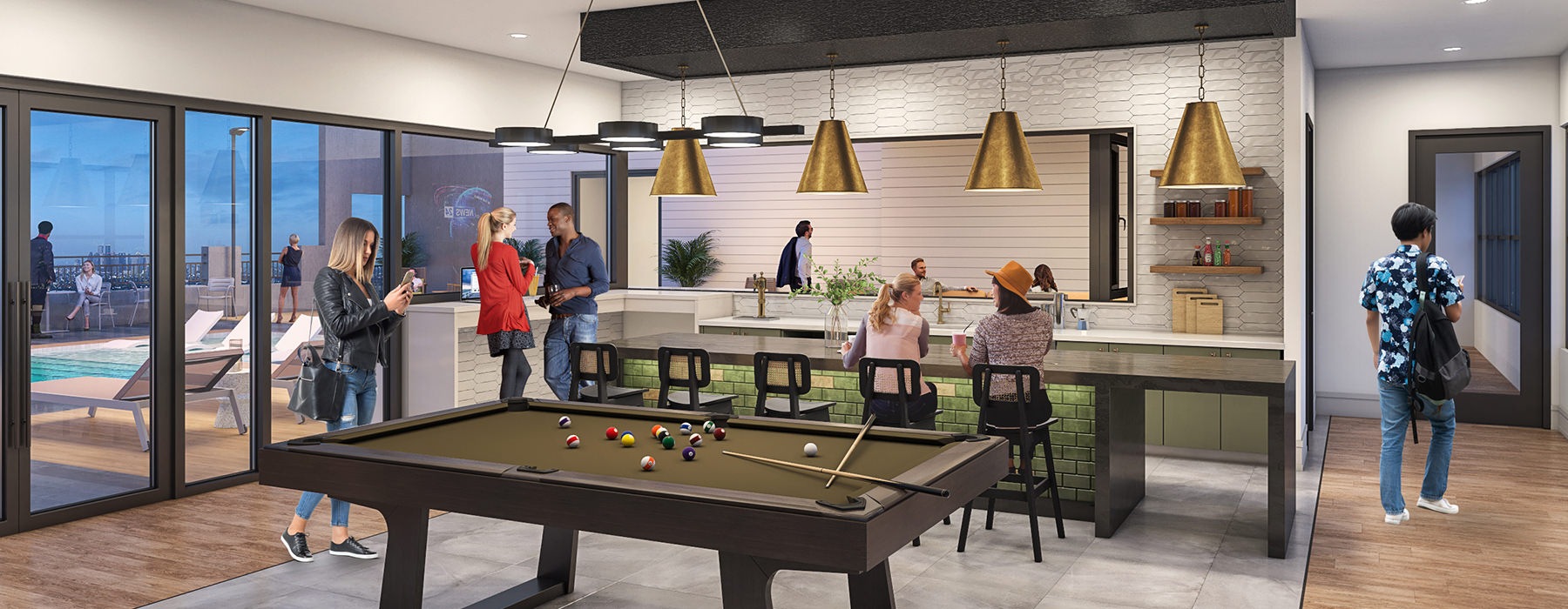 Indoor/outdoor sky lounge features entertainment kitchen